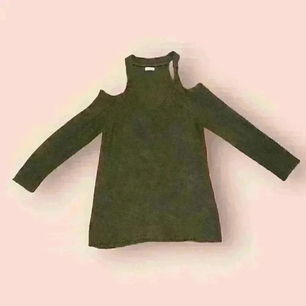 TOBI Women's V-Neck Cold Shoulder Knit Sweater Green Long Sleeve Size M
